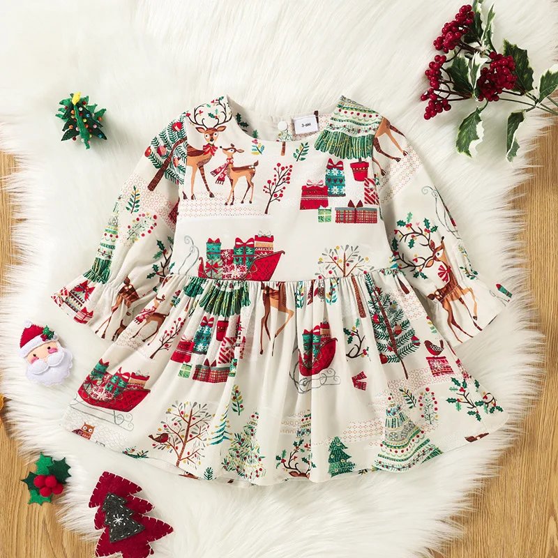 

Infant Baby Girl Casual Christmas Long Sleeve Santa Claus Moose Print Flared Mouth Pleated Dress Kawaii Clothes Novelty Gifts