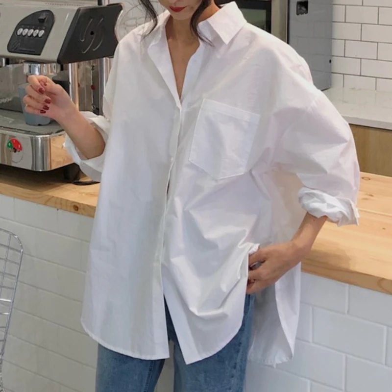 

Женская блузка с карманами, белая однотонная Свободная блузка большого размера в Корейском стиле, весна-осень 2023