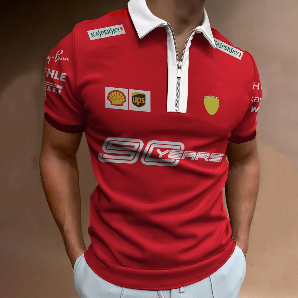 F1 Racing 3D Ferrari printed men's T-shirt, zippered short sleeved polo, red style, summer fashion, 2023