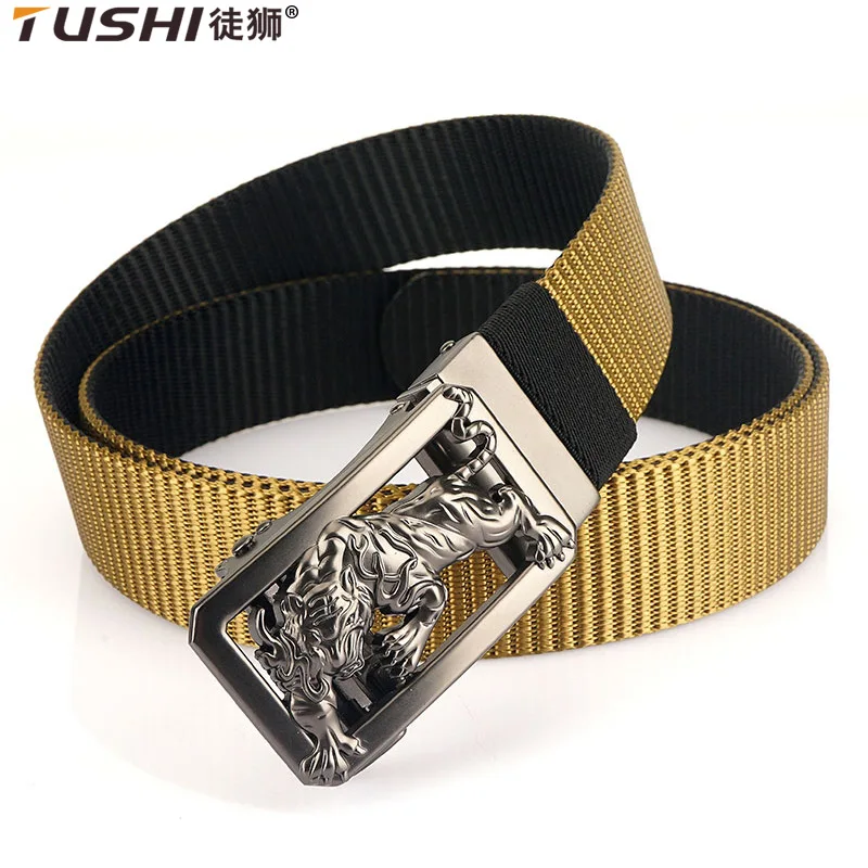 

TUSHI 2023 Fashion New Men Belt Dual Front Design Girdle 120cm*3.4cm Nylon Waistband Metal Rotary Automatic Buckle Ceinture 169