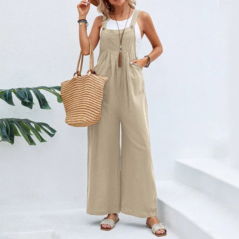 

Women Solid Color Loose Pants Dungaree Jumpsuit Summer Casual Wide Leg Bib Overalls Sleeveless Oversized Cotton Linen