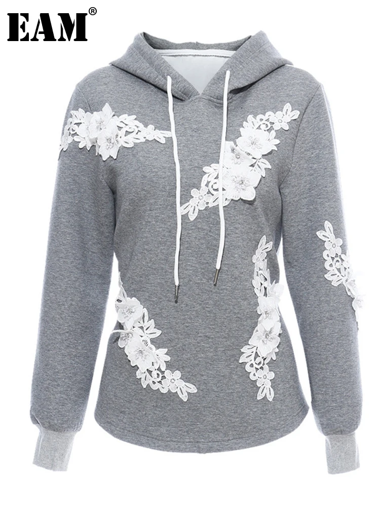 

[EAM] Loose Fit Nailed Flower Split Army Green Sweatshirt New Hoded Long Sleeve Women Big Size Fashion Tide Spring 2022 1M981