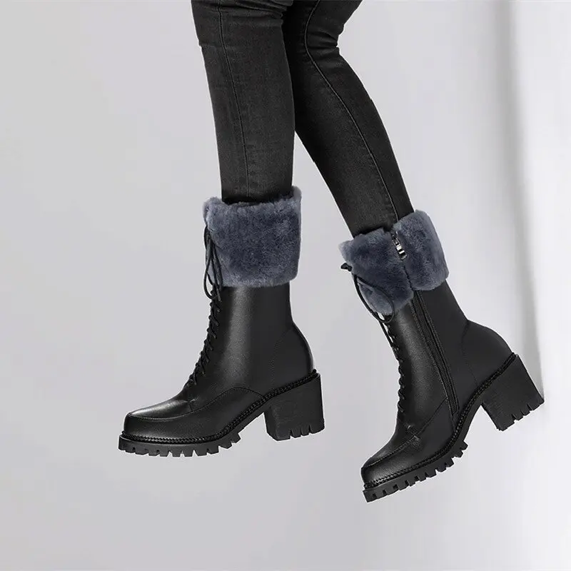 2023 Women Fashion PU Leather Lace Keep Warm Motorcycle Boots Winter Women's Shoes Ladies Casual Comfort Flats Boots Size 34-39