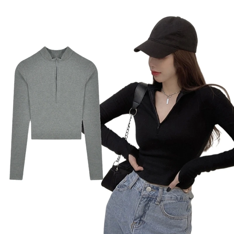

Knitted Crop Sweater Zipper Front Long Sleeve Slim Fit Pullover Jumper Top