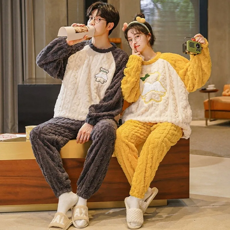 QUHENG Winter Femme Pajamas for Women Autumn Long Sleeved Trousers Thick Warm Sleepwear Cotton Couple Casual Home Men  Clothing