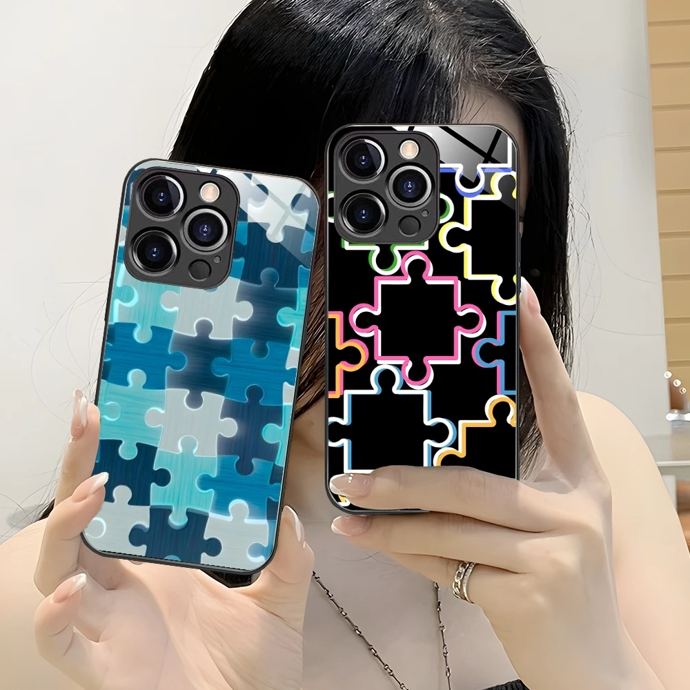 Puzzle Pretty Fashion Mobile Cell Phone Case for iPhone 16 15 14 13 12 11 X XR XS 8 Pro Max Plus Mini PC Glass Cover Shell