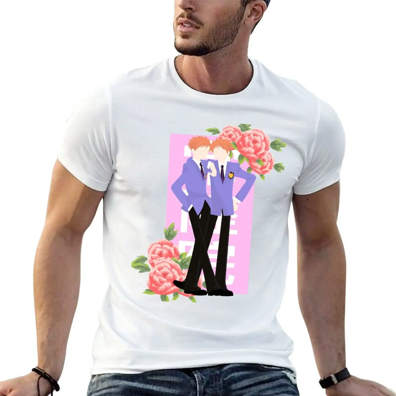 Фото Футболка с цветочным принтом для мужчин Kaoru and Hikaru Hitachiin twins - Ouran hshc, 100% хлопок, мужские футболки с графическим принтом. №1