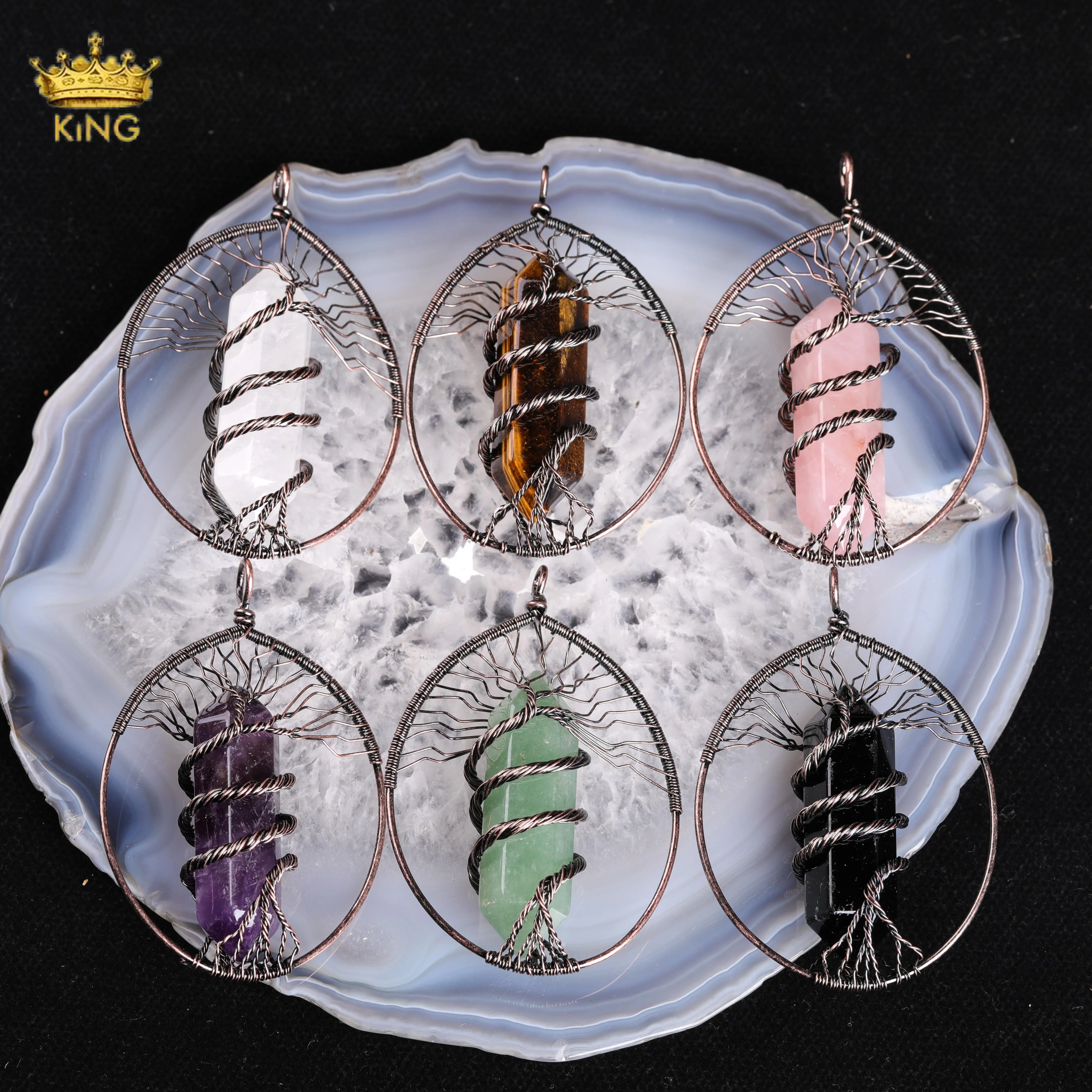 

Подвеска «Дерево жизни» King, 3 шт., подвеска с двойным заостренным кристаллом в проволочной оправе, кристальная оправа, аметистовый розовый к...