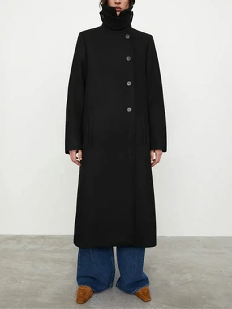 

Женское шерстяное пальто средней длины, однобортное черное прямое длинное пальто с двусторонним воротником-стойкой, Осень-зима 2022