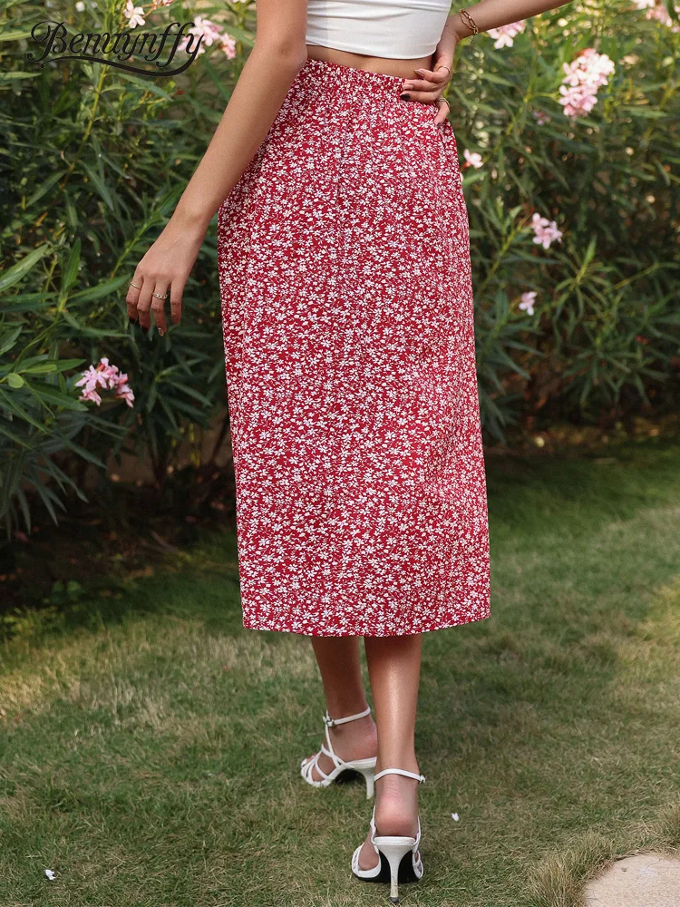 Женская юбка с цветочным принтом Benuynffy ассиметричная оборками на подоле