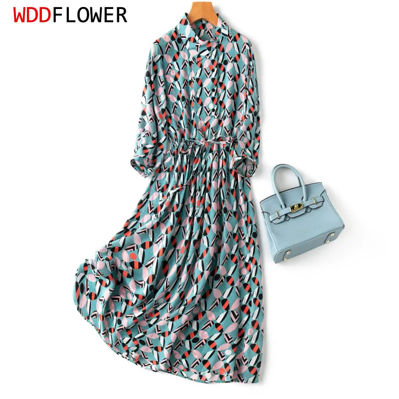 

Women Silk Midi Dress 100% Mulberry Silk Blue Geometry Printed Collared 3/4 sleeve Belted Waist Long Dress L XL XXL MM758