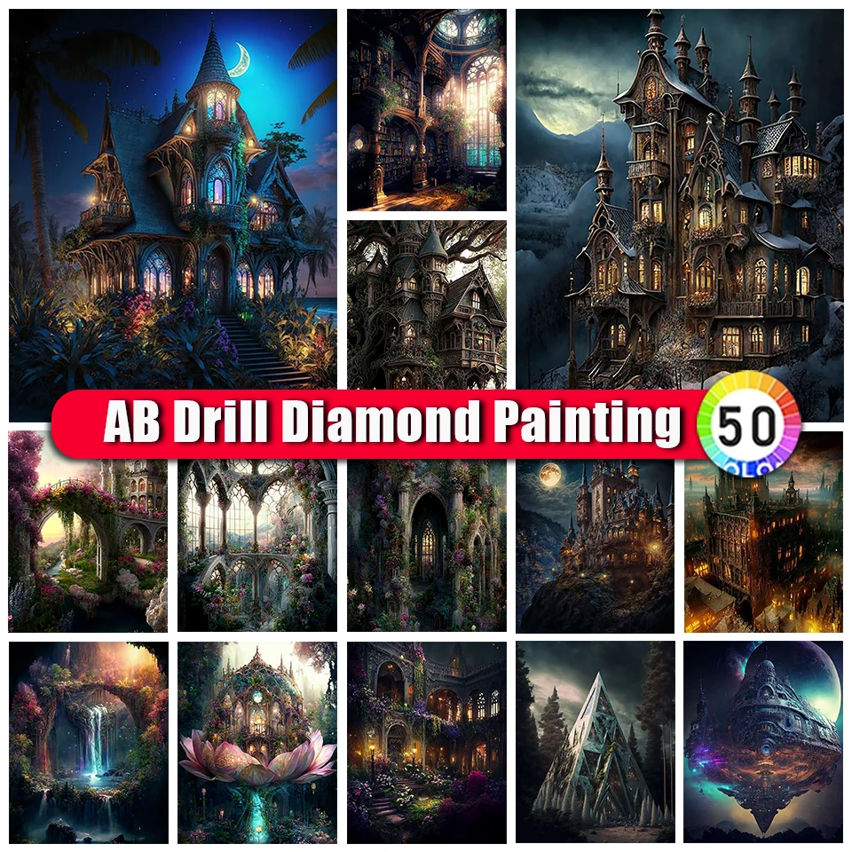 

BinXue 2023 New Fantasy Castle AB Diamond Painting Kit Scenery Moon Flowers Trees Mosaic Embroidery Handmade DIY Home Decor Gift