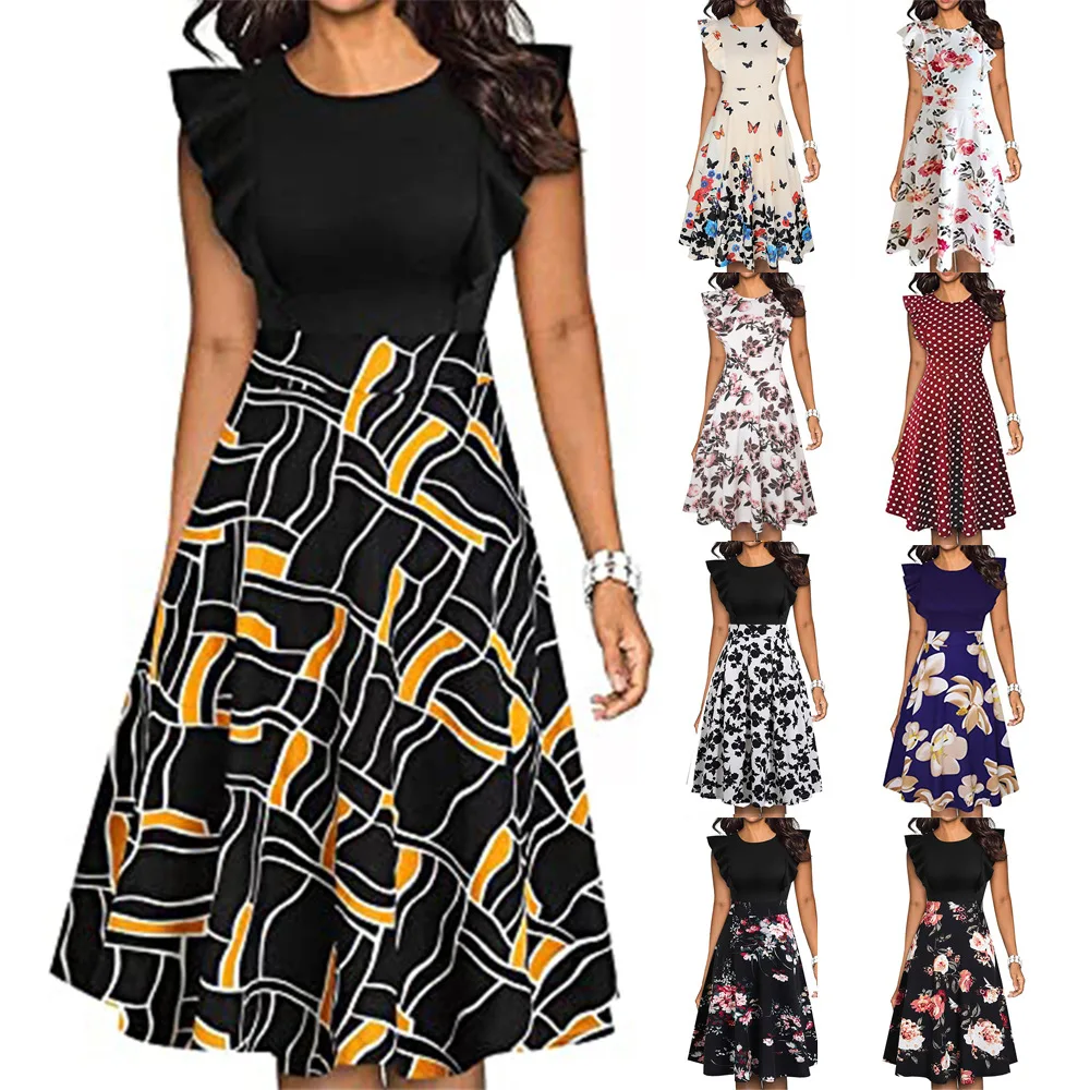 Summer New Short Sleeve Big Swing Print Floral Women Dress