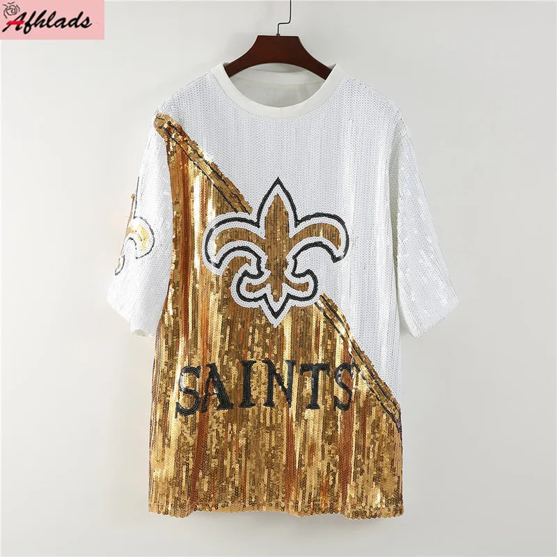 

Runway Female Patchwork Color Contrast Letter Sequin Streetwear Fashion Women's T-Shirt Summer Hip Hop Night Club Loose Tops