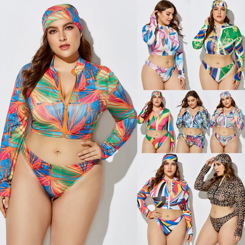 

Swimsuit New Sexy Print Bikini plus Size Split Swimsuit Headband Tie Waist Three-Piece Set
