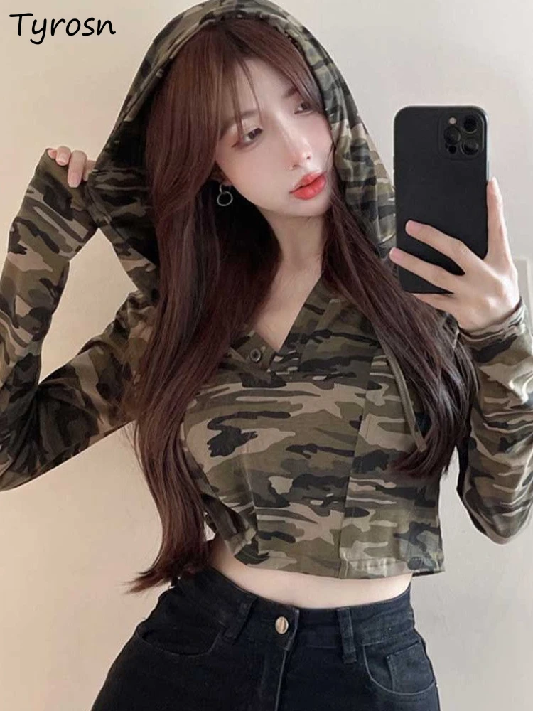 

T-shirts Women Camouflage Sexy Hooded All-match Autumn Cropped Korean Style Ladies Fashion Personality Leisure Simple Design New