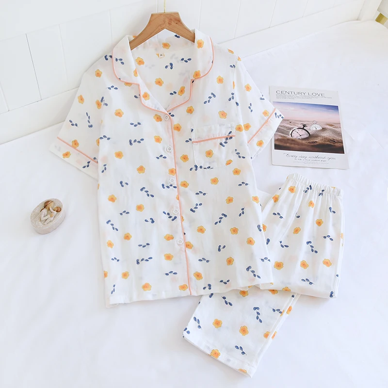 

Pajama suit women's 100% gauze cotton short sleeved trousers casual home wear sexy and comfortable