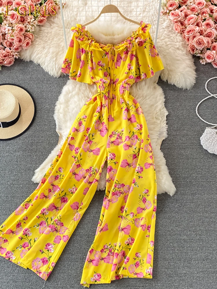 E GIRLS Sexy Women Romper Yellow/Red/Blue Printed High Waist Short Sleeve Vacation Beach Jumpsuits Summer Off Shoulder Playsuit