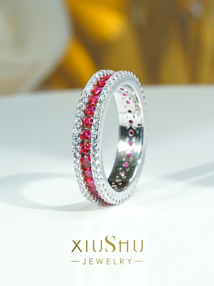 

Fashionable artificial red treasure 925 silver row diamond ring set with high carbon diamond versatile personality ring