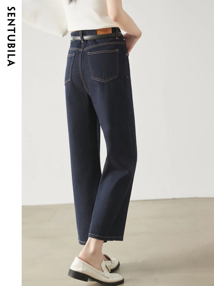 Sentubila High Waist Blue Jeans for Women 2023 Spring Summer Fashion Solid Straight Leg 100%  Cotton Pants Streetwear Trousers