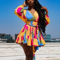 plus size womens clothing africa mini dress sexy multicolor printing v neck long sleeve sashes lace up dresses african dress