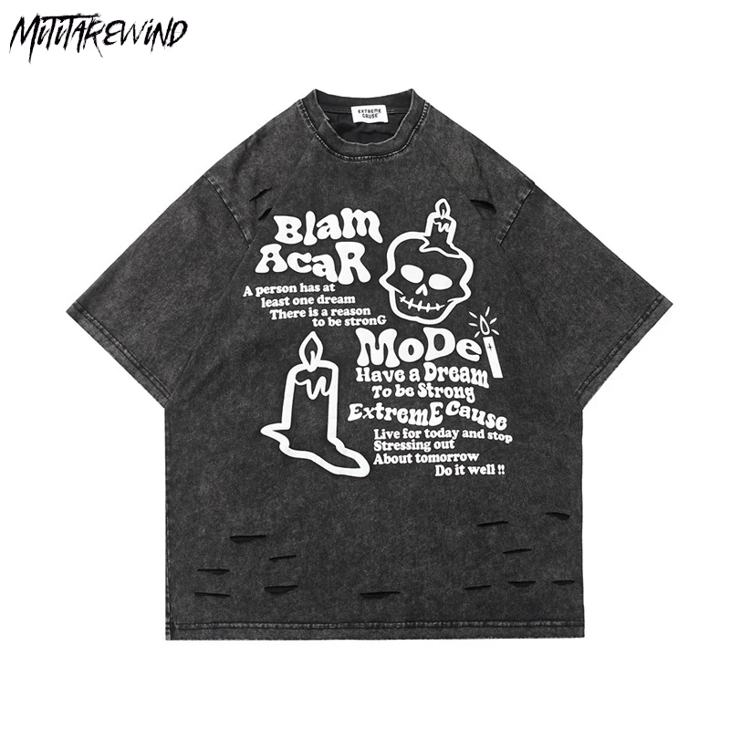 

Футболка мужская с принтом черепа, вареная старая, Повседневная Свободная хлопковая рубашка, топ с коротким рукавом, футболка в стиле унисе...