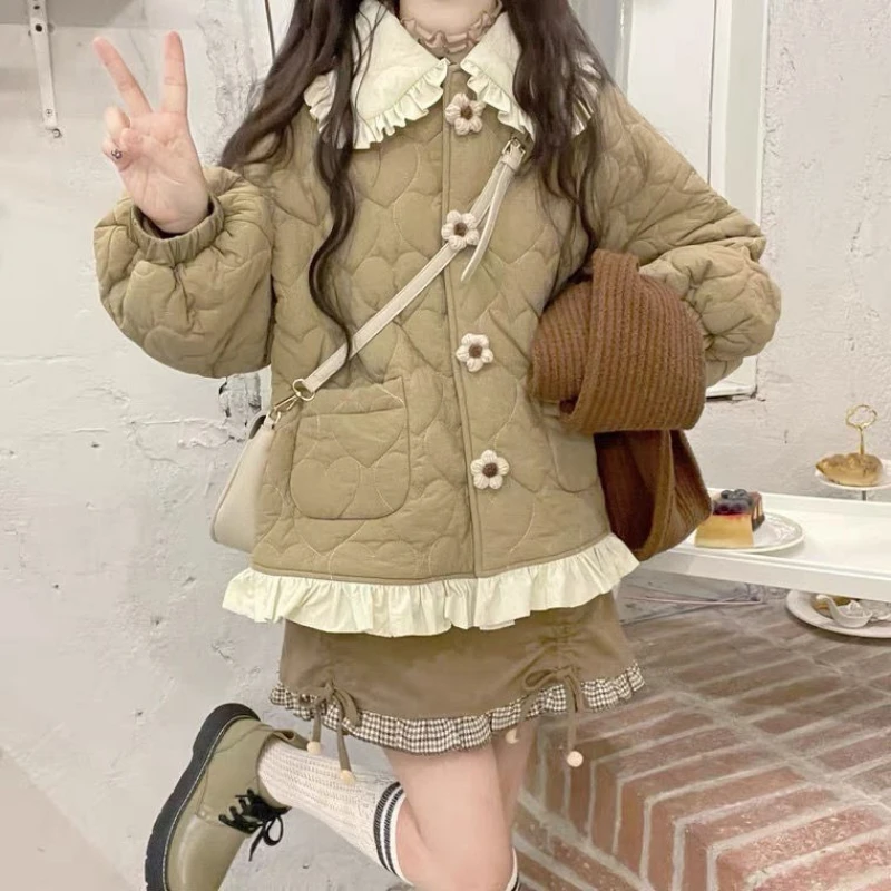 Korean Style Winter Cute Loose Warm Jacket Women Chic Ruffle Neck Sweet Parkas Ovrcoat Girl Japanese Harajuku Kawaii Padded Coat