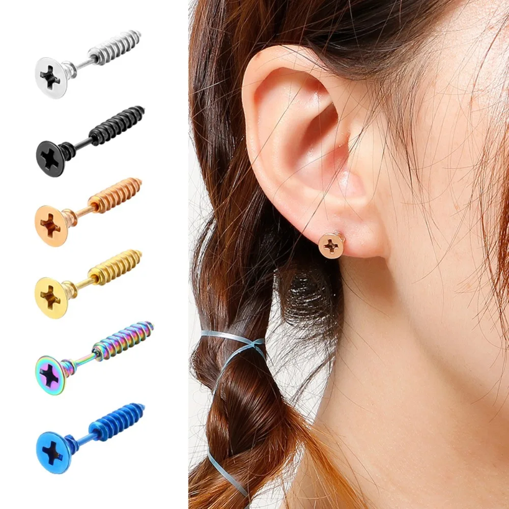 

1 Pair Punk Titanium Steel Nail Screw Stud Earrings for Women & Men Helix Ear Piercings Body Piercing Fashion Jewelry