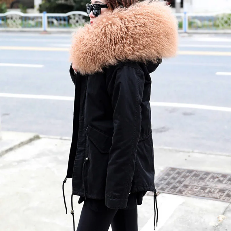 MAOMAOKONG 2022 winter Women's jacket bomber Real fur coat women coats short natural Mongolia wool fur collar rabbit liner Parka