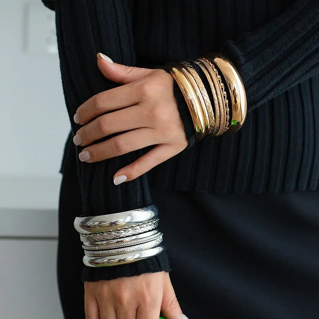 SHIXIN 8 шт. гладкой поверхностью винтажные браслеты набор для женщин шириной 6 5 см с