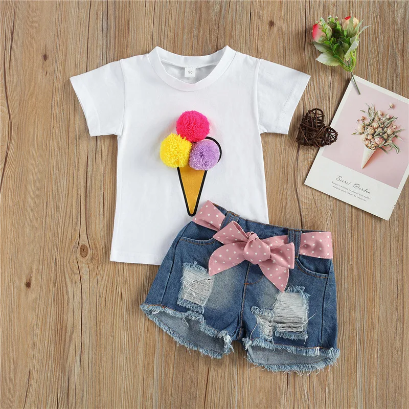 

Kids Clothes Girls 2022 Summer New Girls Suit Ice Cream Short-sleeved Top + Denim Ripped Shorts Two-piece Set