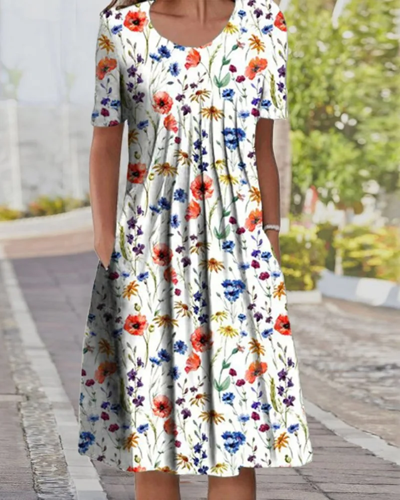 

Floral Print Pleated Detail Casual Dress Women Short Sleeve O Neck High Waist Sexy Fashion Mini Dress