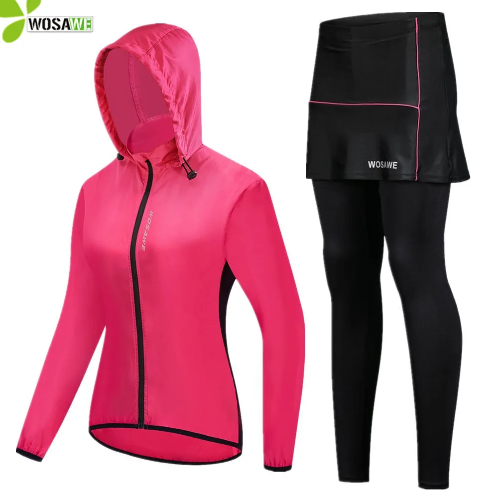 

WOSAWE Women's Cycling Jersey Set Long Sleeve Hooded Bicycle Jacket Skirt Pants MTB Sports Wear Windproof Riding Wind Coat Suit