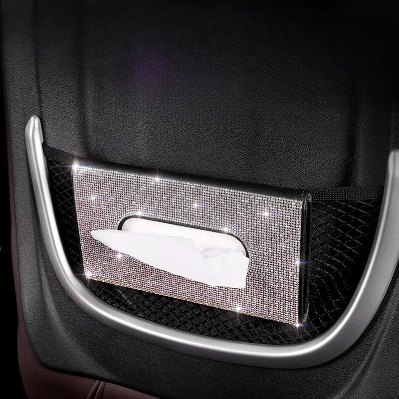 

Car Sun Visor Tissue Box Holder Bling Crystals Cover Case Clip PU Leather Backseat Tissue Case Auto Accessories for Women