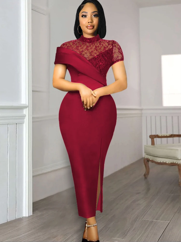 

Black Long Prom High Neck Lace Patchwork Bodycon Women Cocktail Elegant African Dresses Club Party Gowns Sexy Slit Outfits 2023
