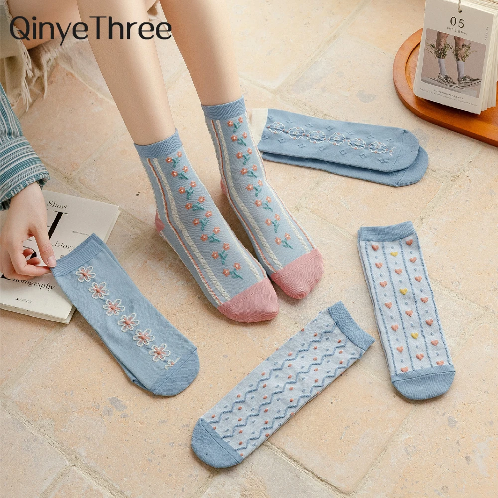 

Chic Light Blue Floret Cute Flowers Love Heart Stripes Soft Cotton Socks Literary Girls' Xmas Gift
