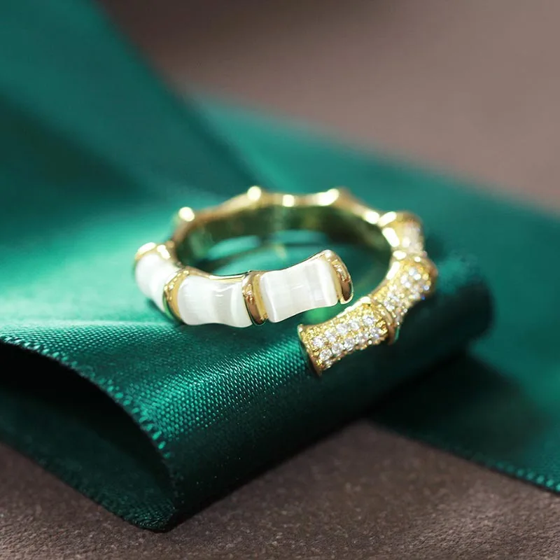 

Fashion Design Bamboo Shaped Opal Open Adjustable Gold Ring 2022 Ladies Girl Premium Temperament Luxury Party Jewelry Hot Sale
