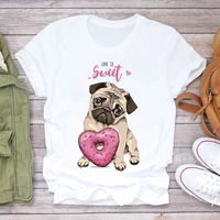 cartoon pug donut printed t shirt women fashion love is sweet letter kawaii graphic tees shirt femme funny tops tshirt lady 2022