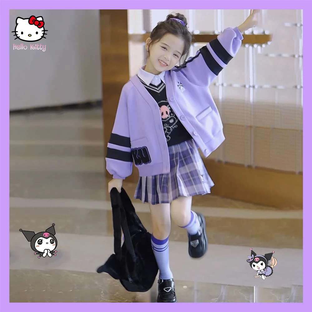 Sanrio Anime Kuromi Girl Jk Uniform College Style Varsity Cardigan Skirt Shirt Vest Sweatshirt Y2K Streetwear Baseball Uniform