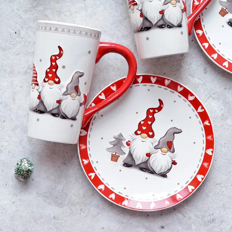 

Christmas Ceramic 7.75 Inch Plates Santa Claus Handpainted Ins Popular Creative 560ML Breakfast Mugs Nordic Cartoon Style