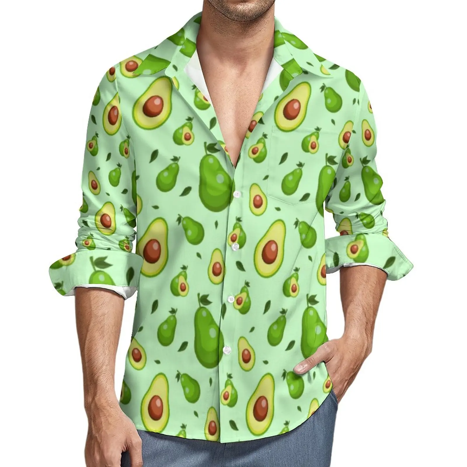 

Avocado Print Y2K Casual Shirt Men Funny Fruit Shirt Spring Cool Blouses Long Sleeve Printed Oversized Clothing
