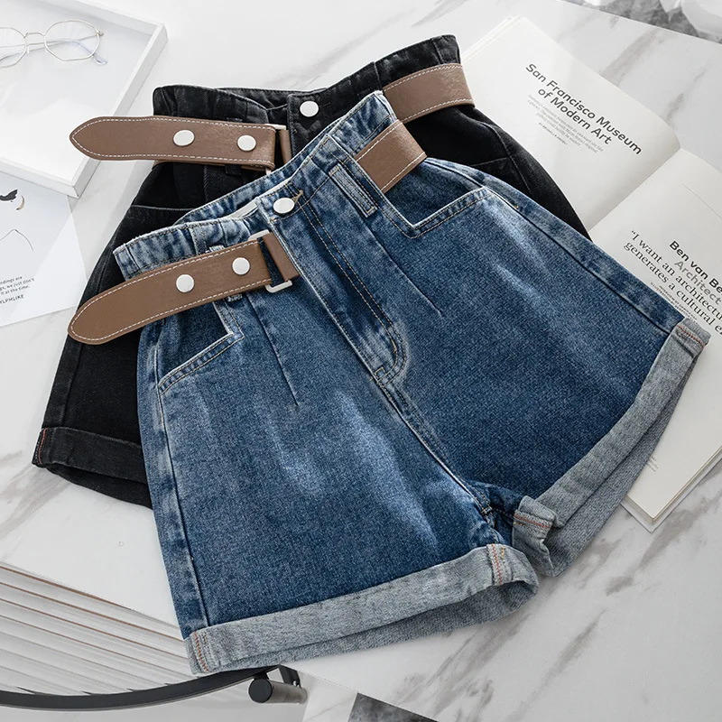 

Summer High Waist Loose Wide Leg Shorts Women's New A-line Slim Denim Shorts with Belt high waisted jeans