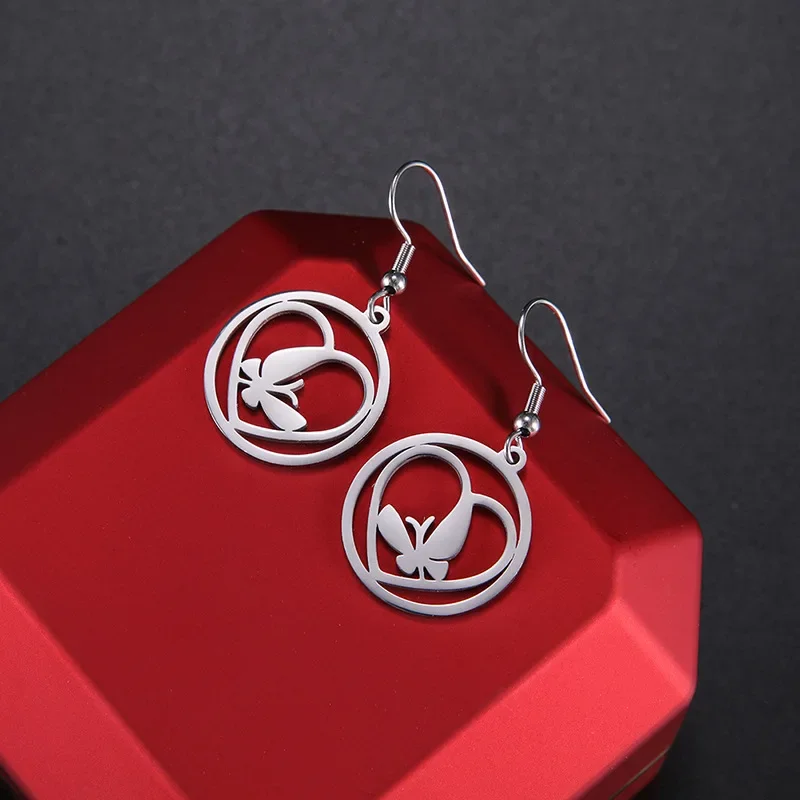 Простые элегантные серьги-кольца из нержавеющей стали в форме бабочки и сердца
