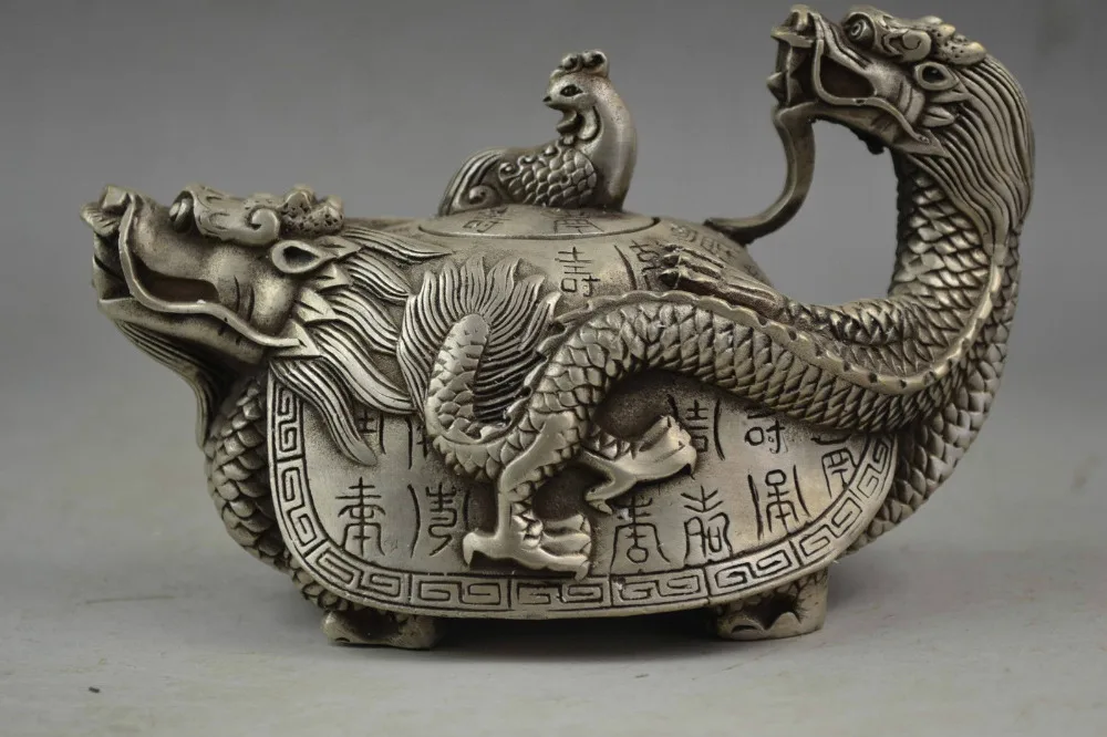

COLLECTIBLE CHINA OLD HANDWORK TIBET SILVER CARVED DRAGON TORTOISE TEA POT