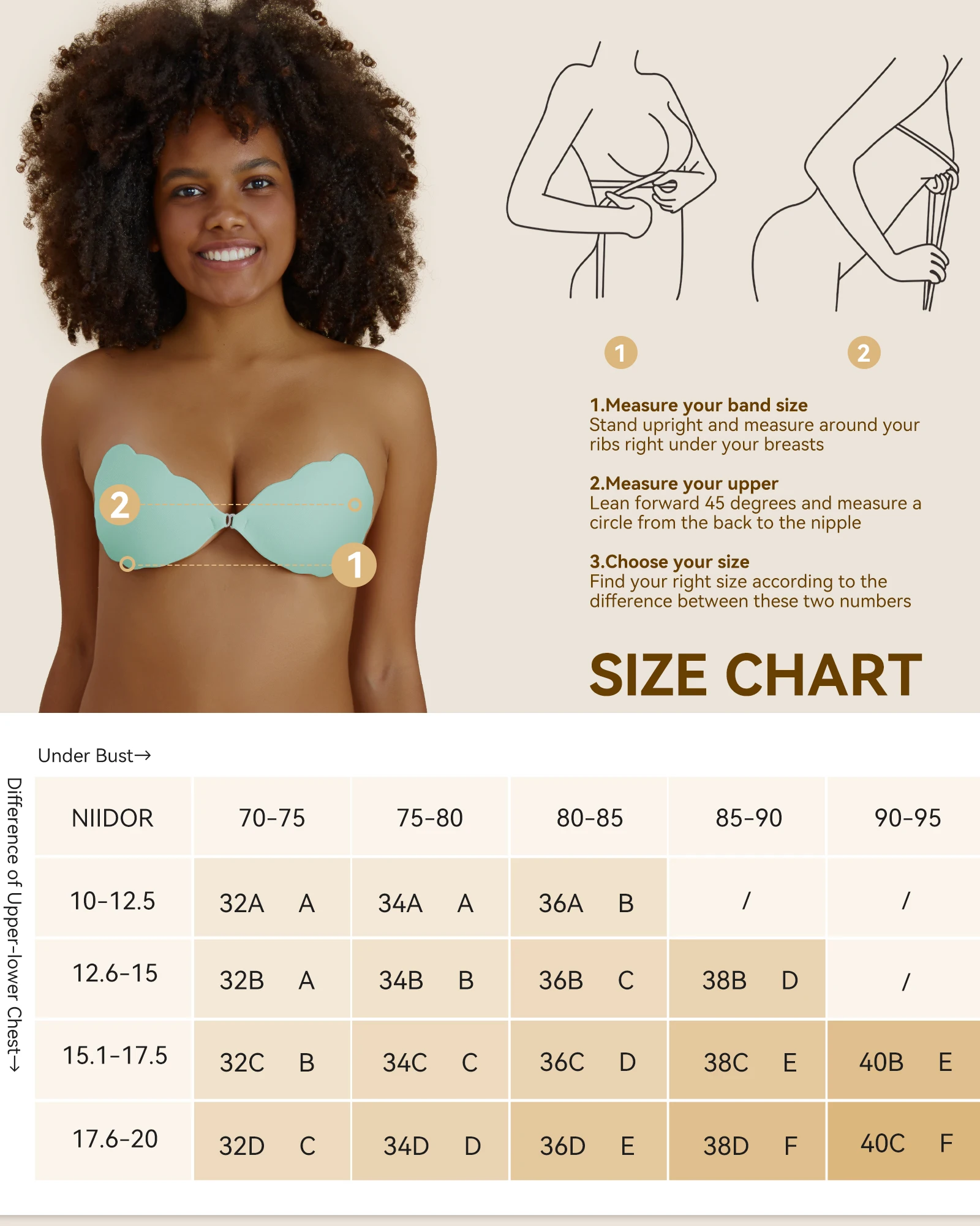Niidor Sticky Bras Invisible Adhesive Push Up Reusable Strapless Bras for Women Backless Dress with Nipple Covers Wavy Pattern