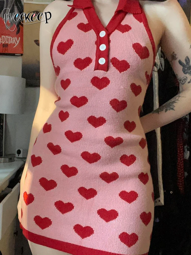

Weekeep Cute Heart Print Skinny Dress Sexy Backless Knitwears Mini Dresses Casual Sleeveless Slim Fit Women Outfits y2k Harajuku