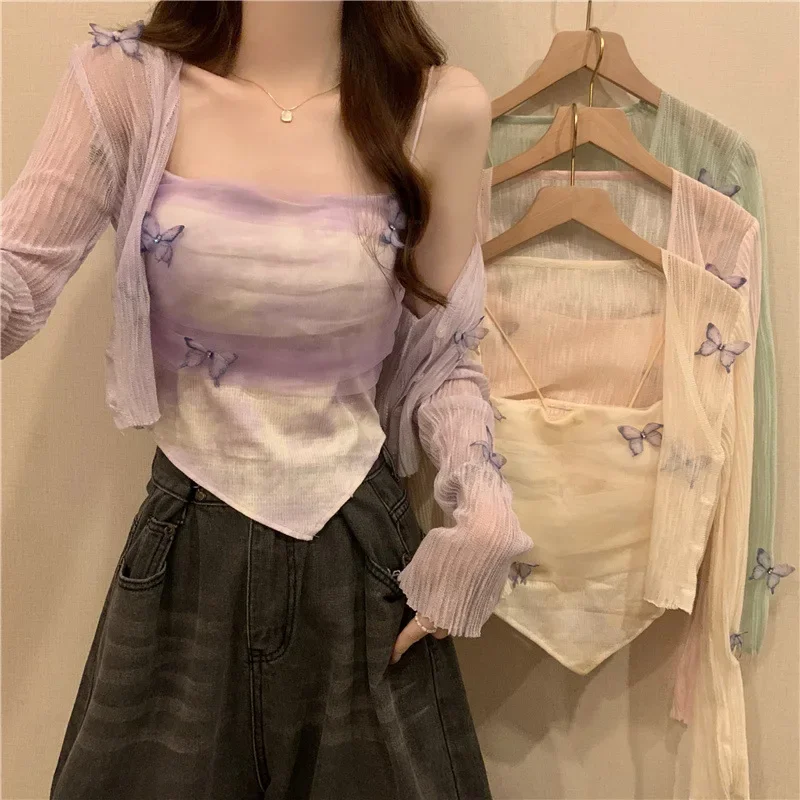 Летние сладости в корейском стиле вязаный кардиган с бабочками укороченная