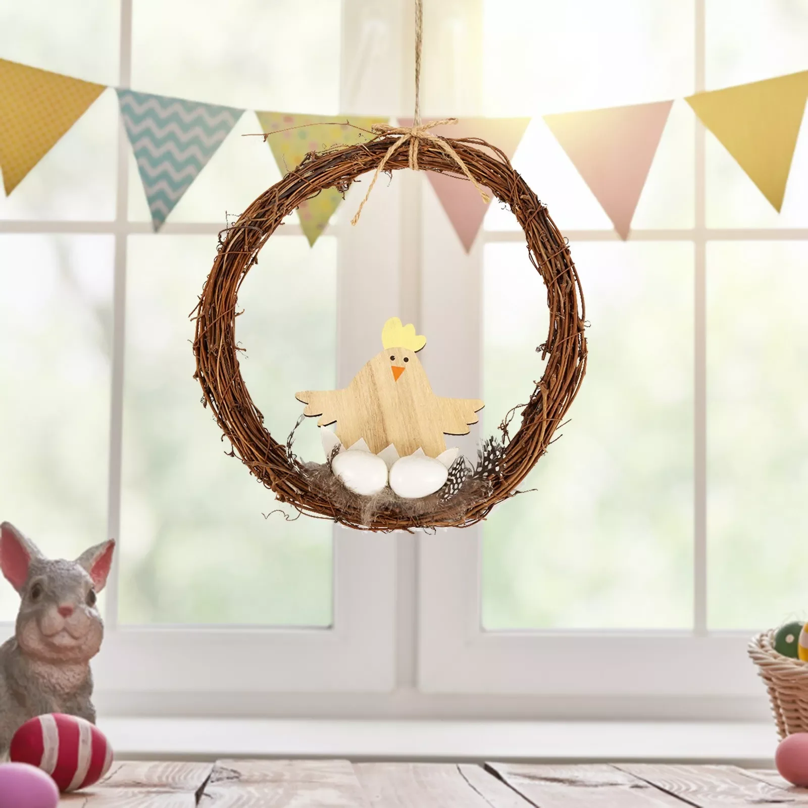 

Easter Handmade Rattan Garlands Hen Shape Wreath Eggs Decoration Wreath 20cm diy Wreath Easter Holiday Party Decorations