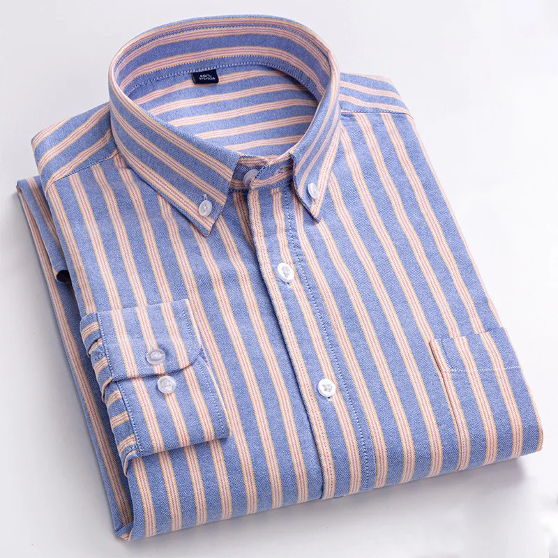 Fashion Pop 100% Cotton Oxford Brand Men's Shirt Clothing Striped Social Men's Formal Business Button Dress Shirts with Pocket