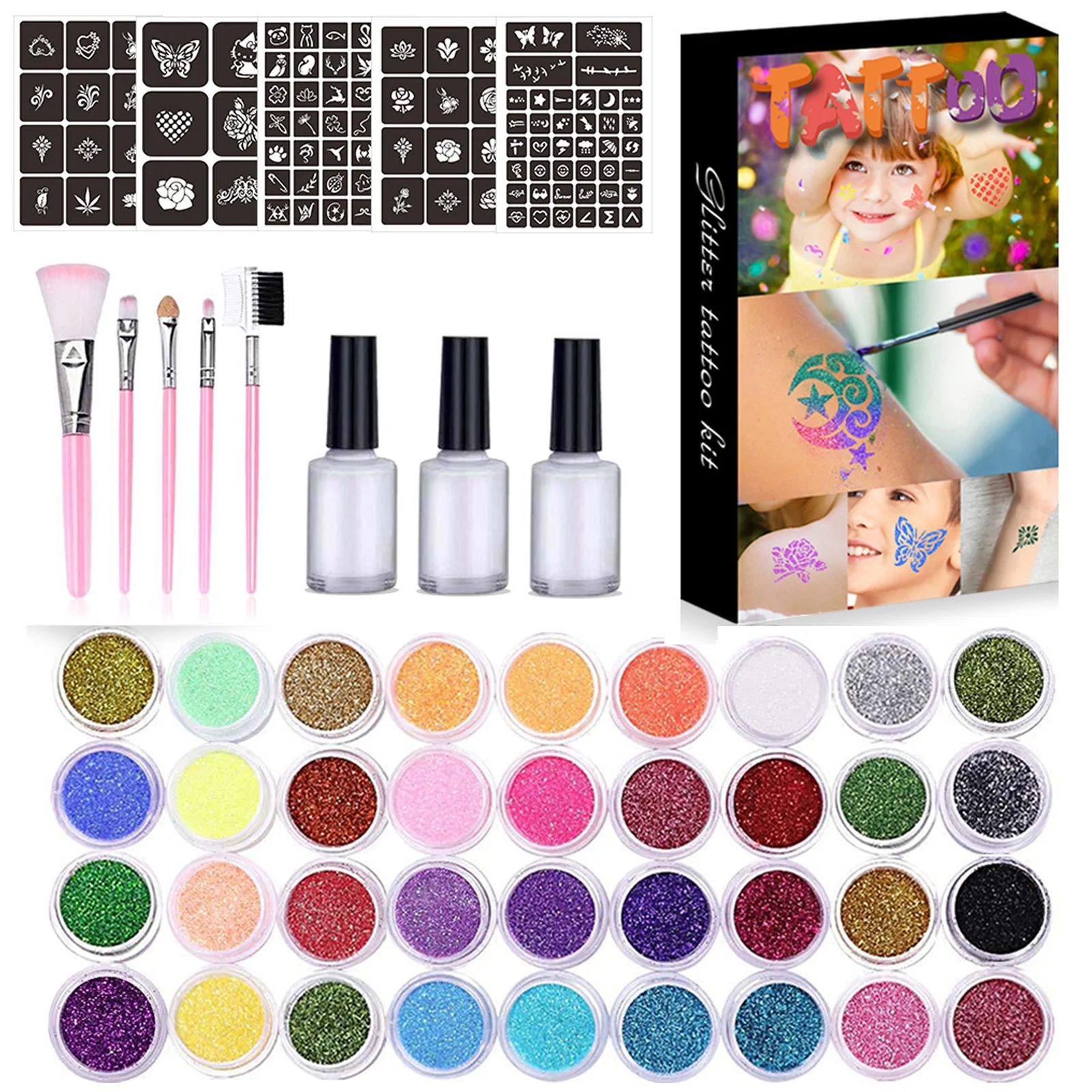 

Glitter Tattooss Set With 36 Glitter Colors And 105 Tattooss Stencil 36 Colors Temporary Flash Tattooss Set With 105pcs/5 Sheets